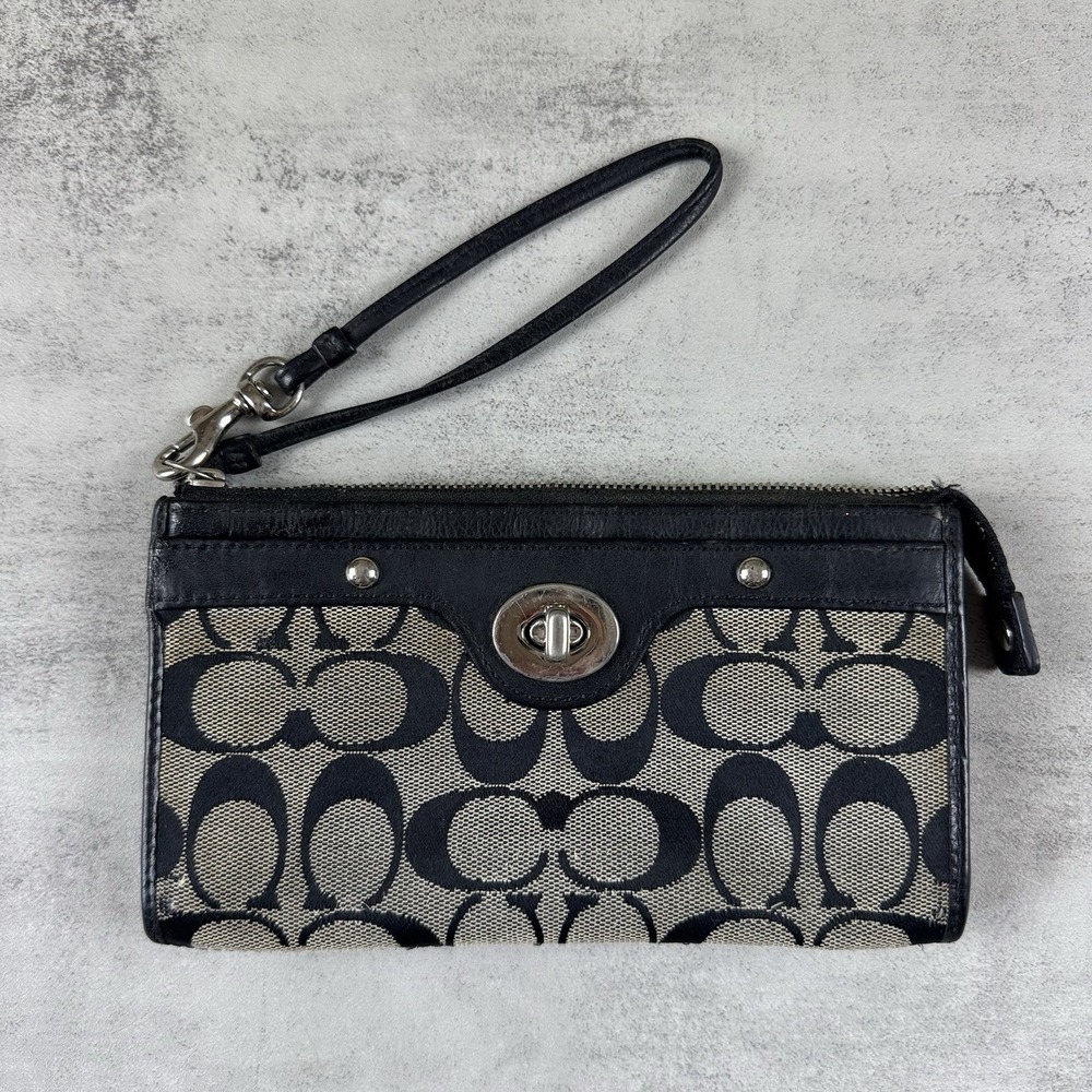 Coach Penelope Zippy Wristlet Wallet Khaki & Black  Jacquard Turn-Lock READ